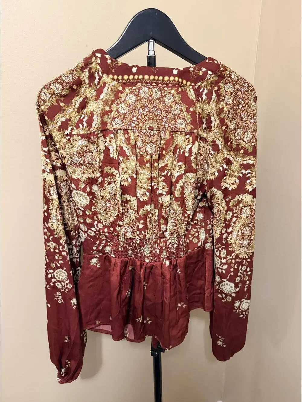 Free People Boho Tie Front Blouse Women’s XS Burgundy Floral Long Sleeve Top